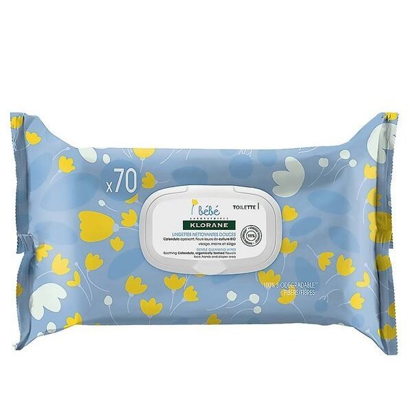 Klorane – Lingettes nettoyantes douces pour le corps au Calendula apaisant – Bébé – Peau normale à sèche 70 unités