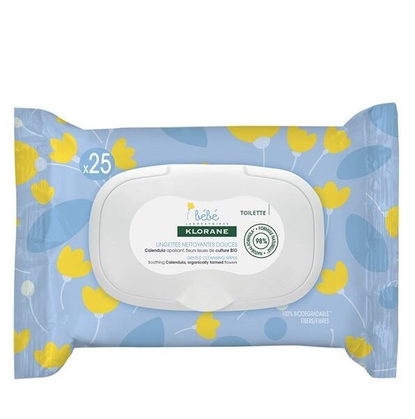 Klorane – Lingettes nettoyantes douces pour le corps au Calendula apaisant – Bébé – Peau normale à sèche 25 unités