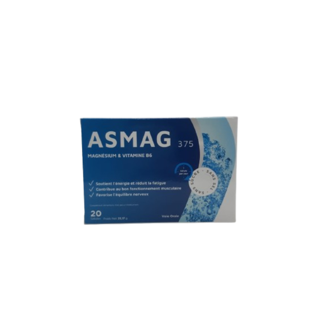 Asmag-Magnesium-Vitamine-B6-20gelules.png Asmag Magnesium – Vitamine B6 20 Gelules – Image 1
