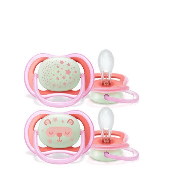 Avent-2-sucettes-ultra-air-night-6-18-fille-1.jpg AVENT Lot 2 sucettes ultra air night rose 6-18 mois – Image 1