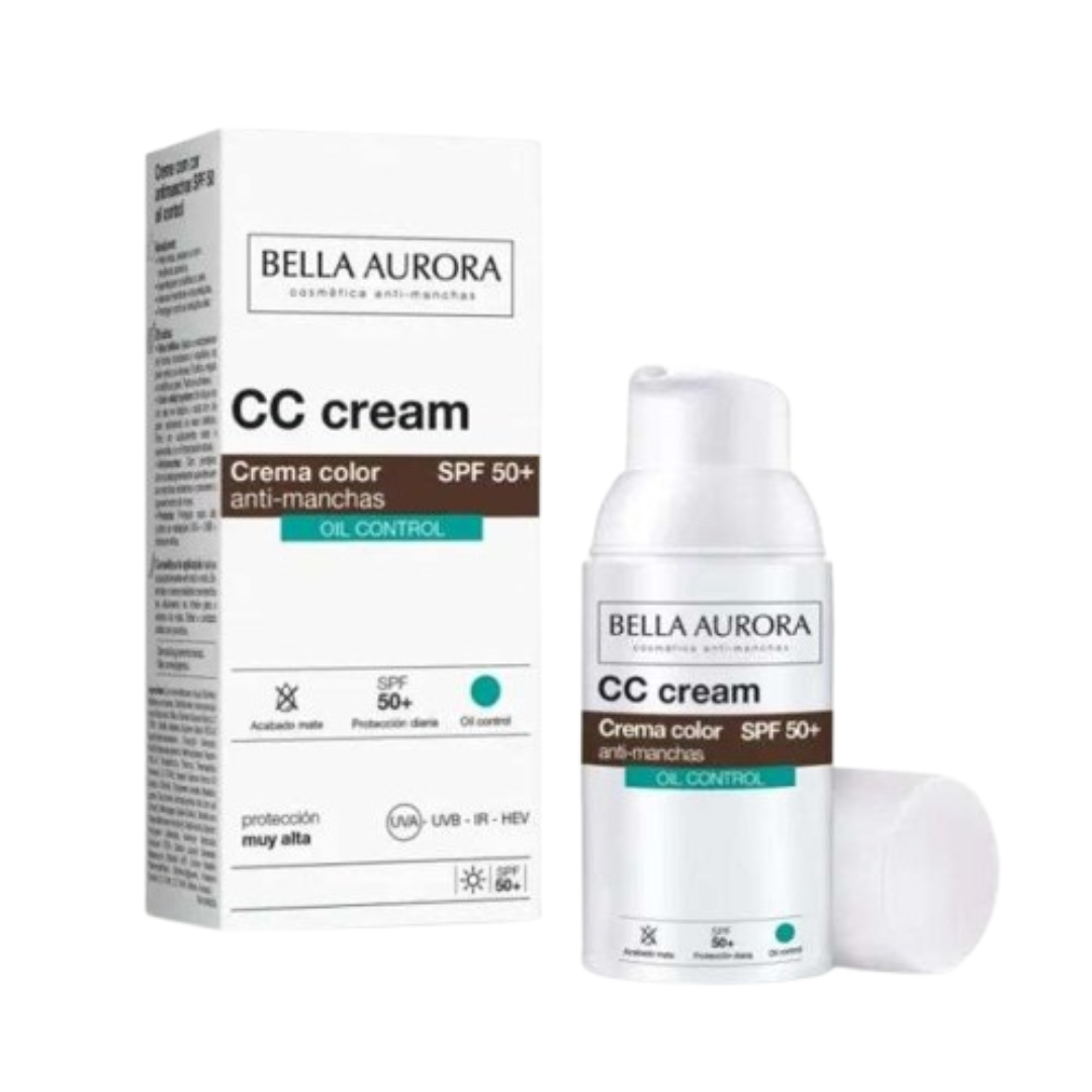 Bella-Aurora-CC-creme-Anti-Taches-oil-Control-spf50-30ml.png Bella Aurora CC creme Anti-Taches oil Control spf50+ 30ml – Image 1
