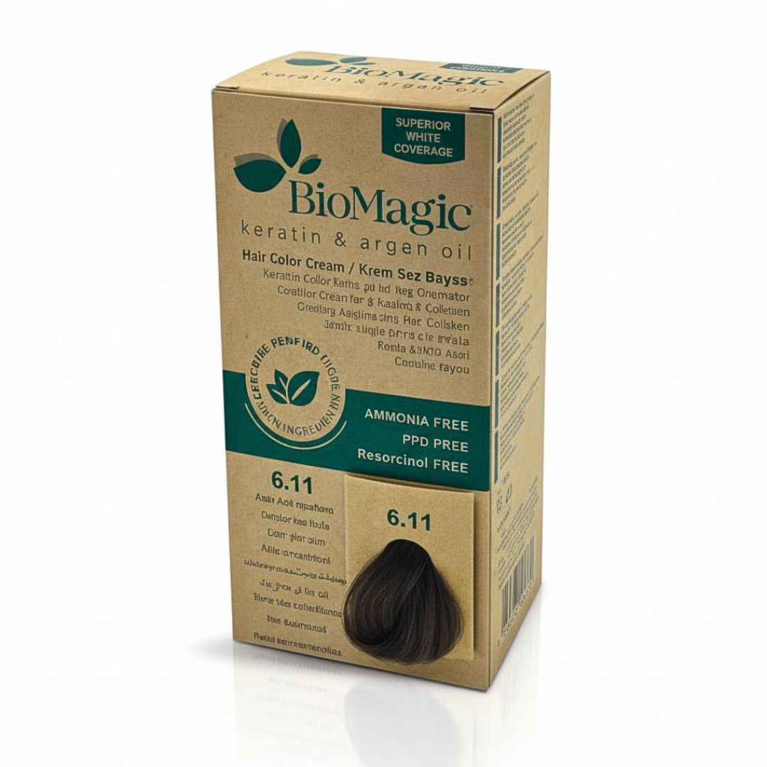 Biomagic-Hair-Color-Cream-Kit-611-Intense-Ash-Dark-Blonde.png Biomagic Hair Color Cream Kit 6/11 Intense Ash Dark Blonde – Image 1