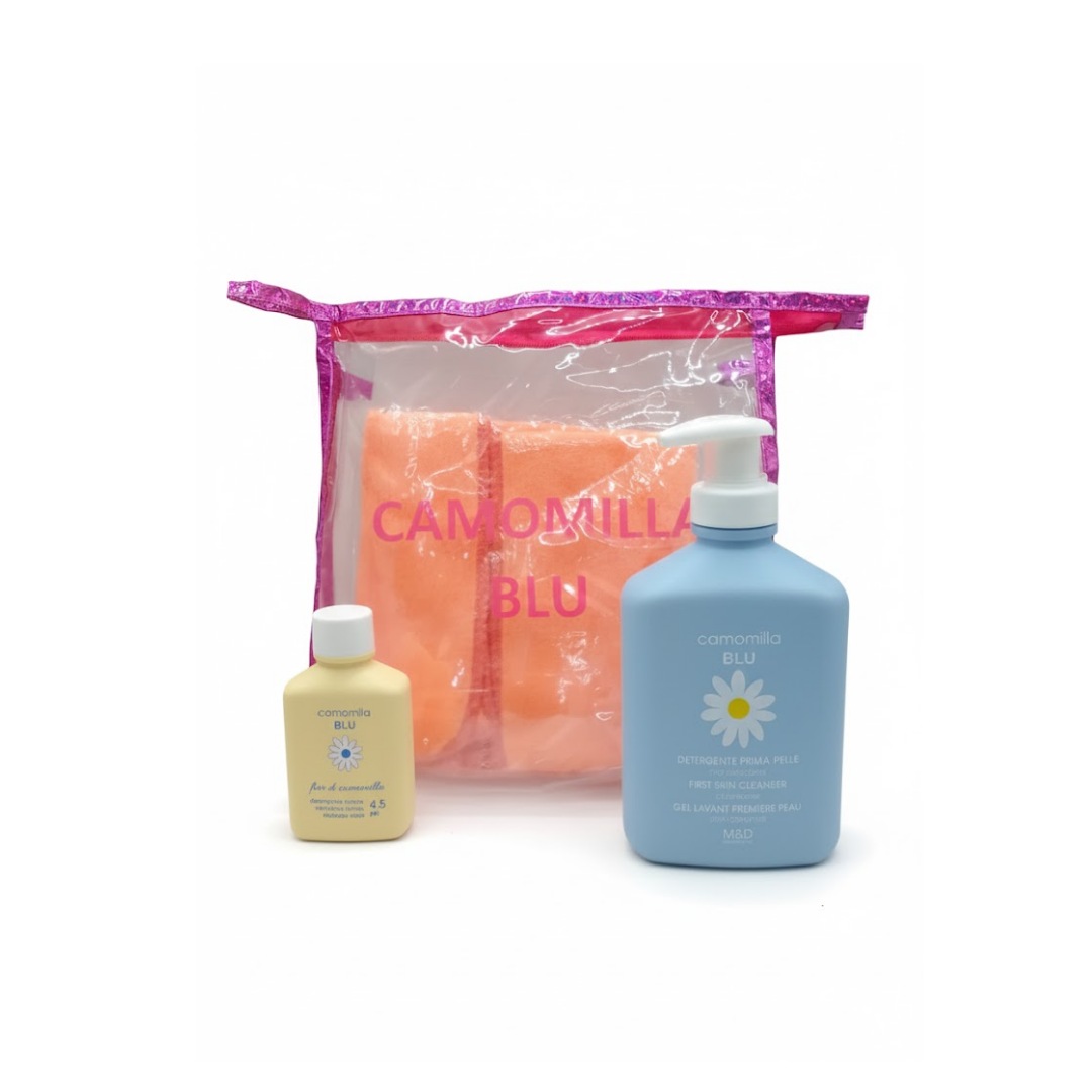 Camomilla-gel-lavant-1er-peau-300mlGel-intime-Echserviette-Trousse.png Camomilla Gel Lavant 300ml+ Mini Gel intime + Serviette Avec Trousse – Image 1