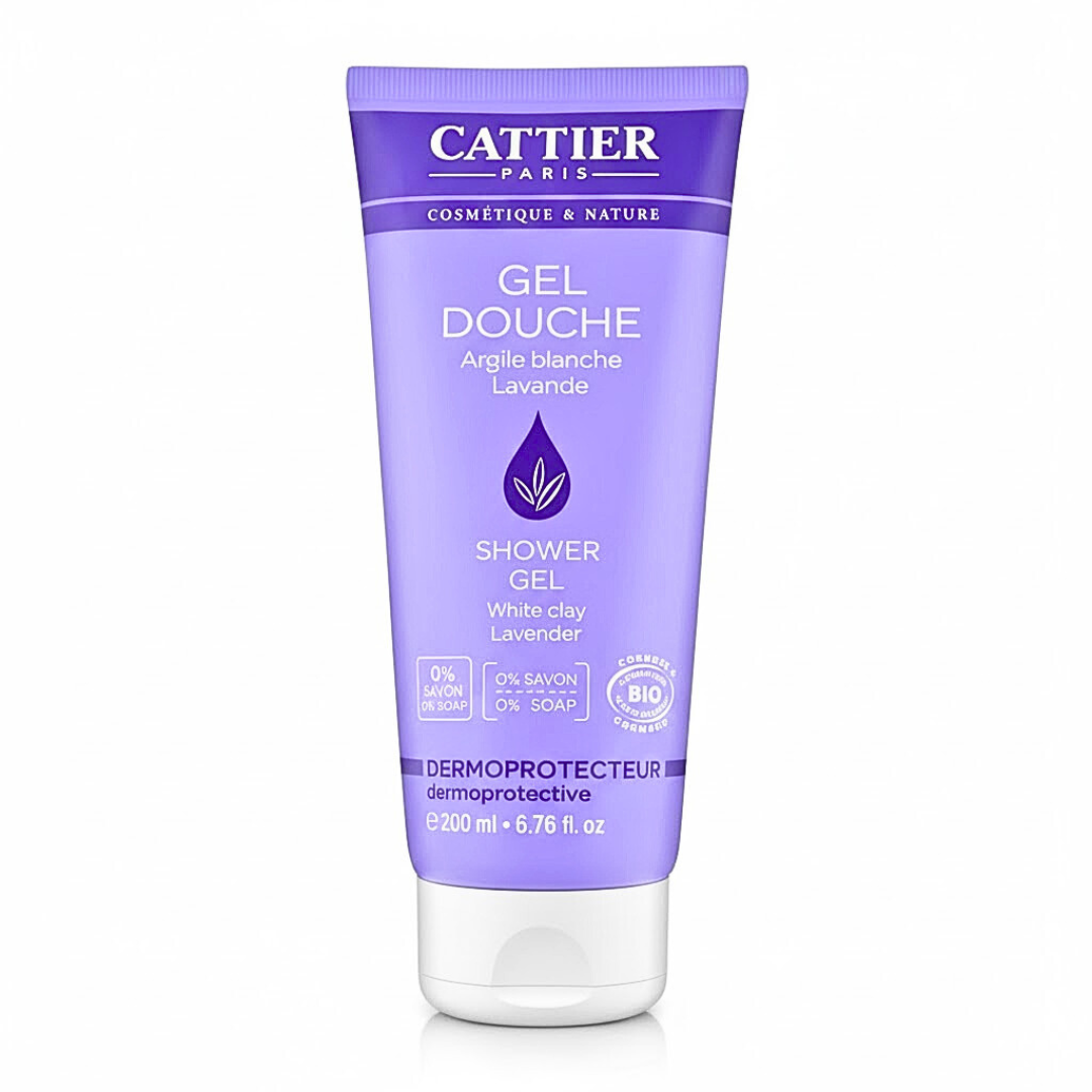 Cattier-Gel-Douche-Argile-Blanche-Lavande-200ml.png Cattier Gel Douche Argile Blanche Lavande 200ml – Image 1