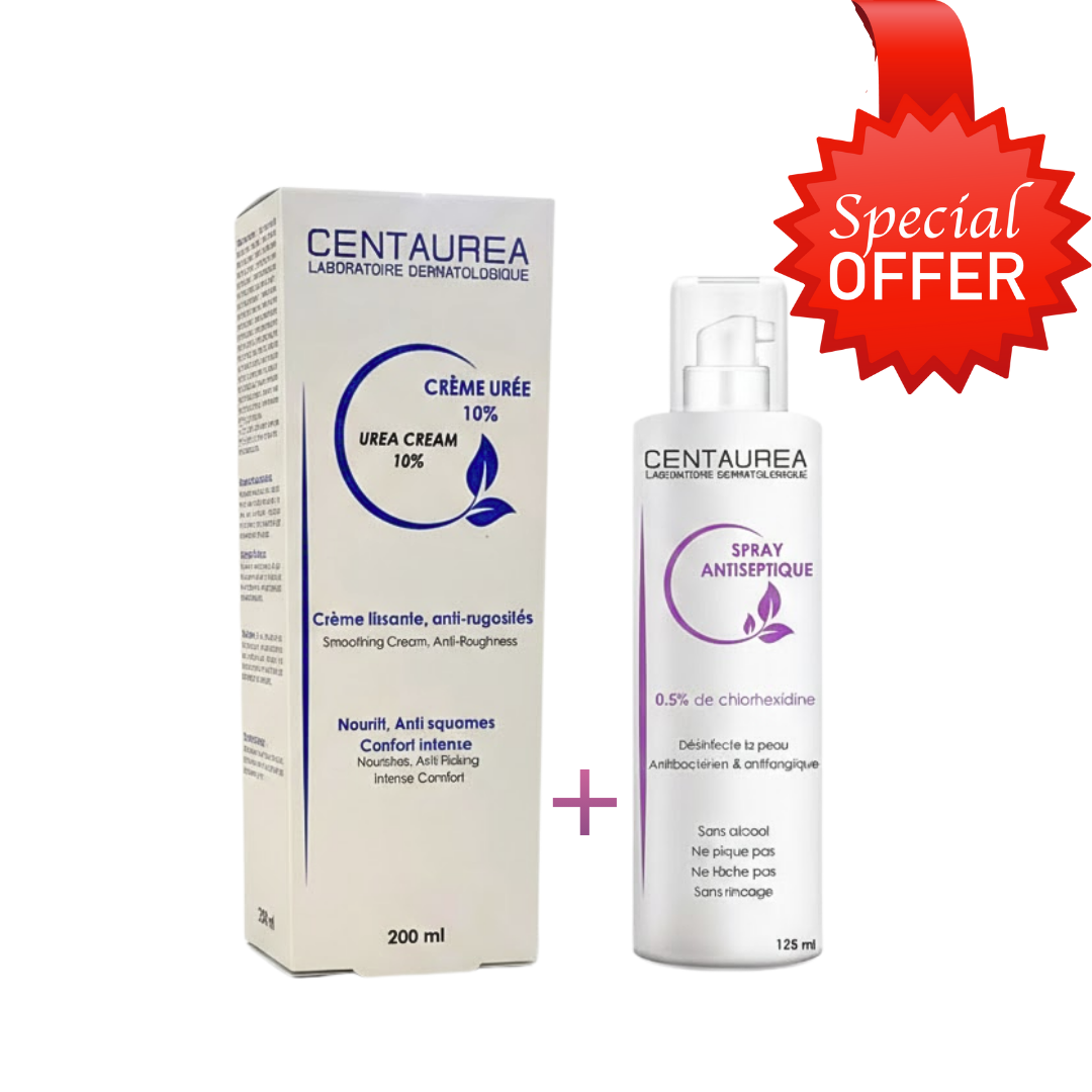 Centaurea-Duo-Creme-Uree-10-200mlSpray-Antiseptique-125ml.png Centaurea Creme Uree 10% 200ml+Spray Antiseptique 125ml Pack – Image 1