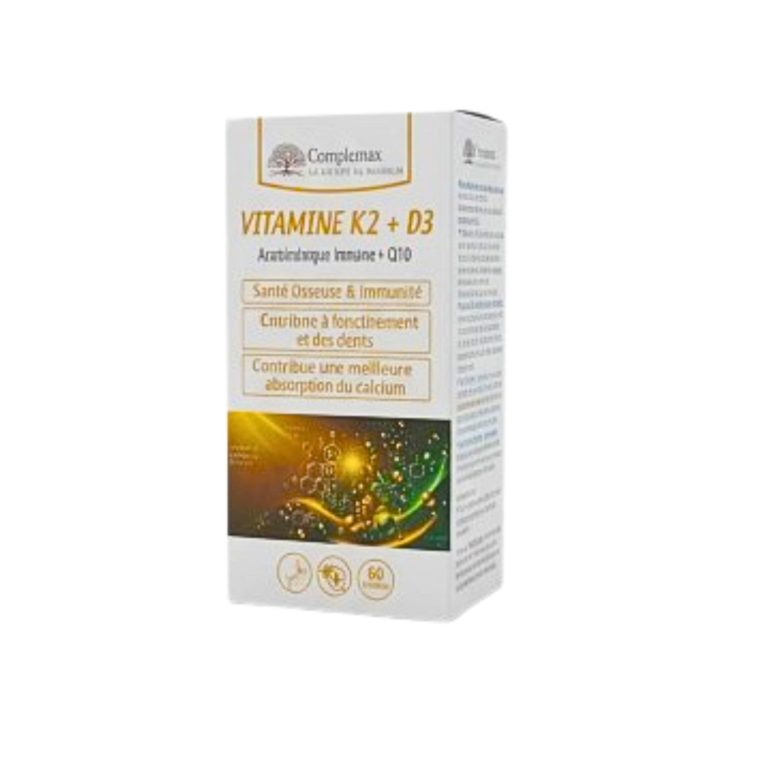 Complemax-Vitamine-K2D3-60gelules.png Complemax Vitamine K2+D3 60 Gelules – Image 1