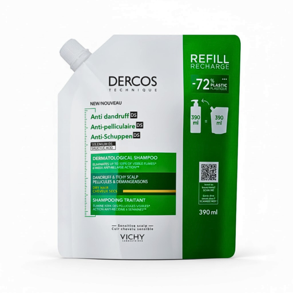 Vichy Dercos Shampoing Anti-Pelliculaire Cheveux Secs Refill Recharge 390ml