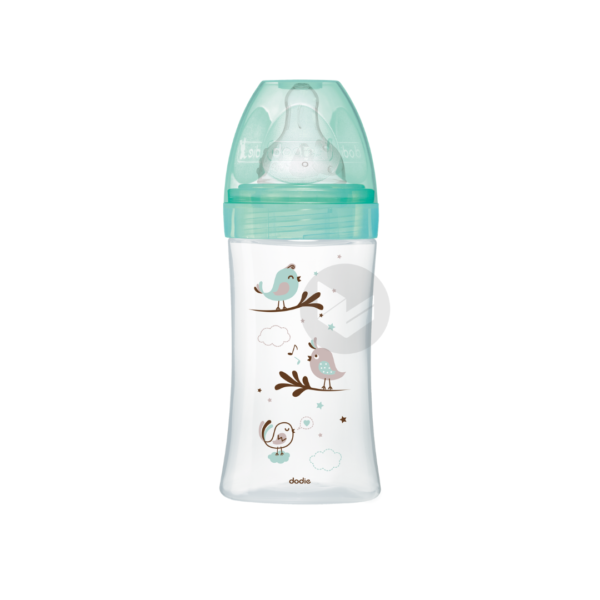 Dodie – Biberon verre Initiation+ (0-6 M) 3 vitesses débit 2 – Vert oiseau – 270 ml