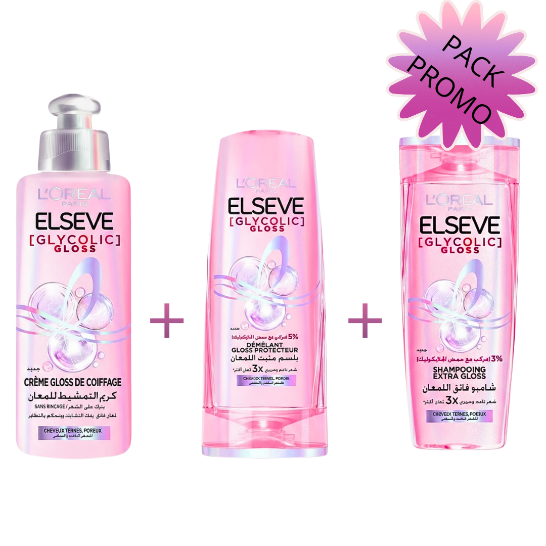 Elseve-Glycolic-Gloss-S.S-Coffret-ShampDemelant-Soin-Lamination.png L’Oreal Paris Elseve Glycolic Gloss Shampoing + Demelant + Soin Lamination Pack – Image 1