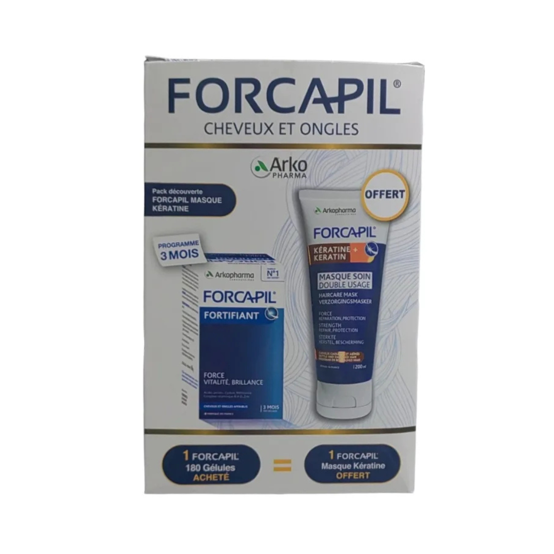 Forcapil-bte-180-gelulesMasque-Soin-Double-Usage-Keratine-200ml-pack.png Arkopharma Forcapil Boite 180 gelules+Masque Soin Double Usage Keratine 200ml Pack – Image 1