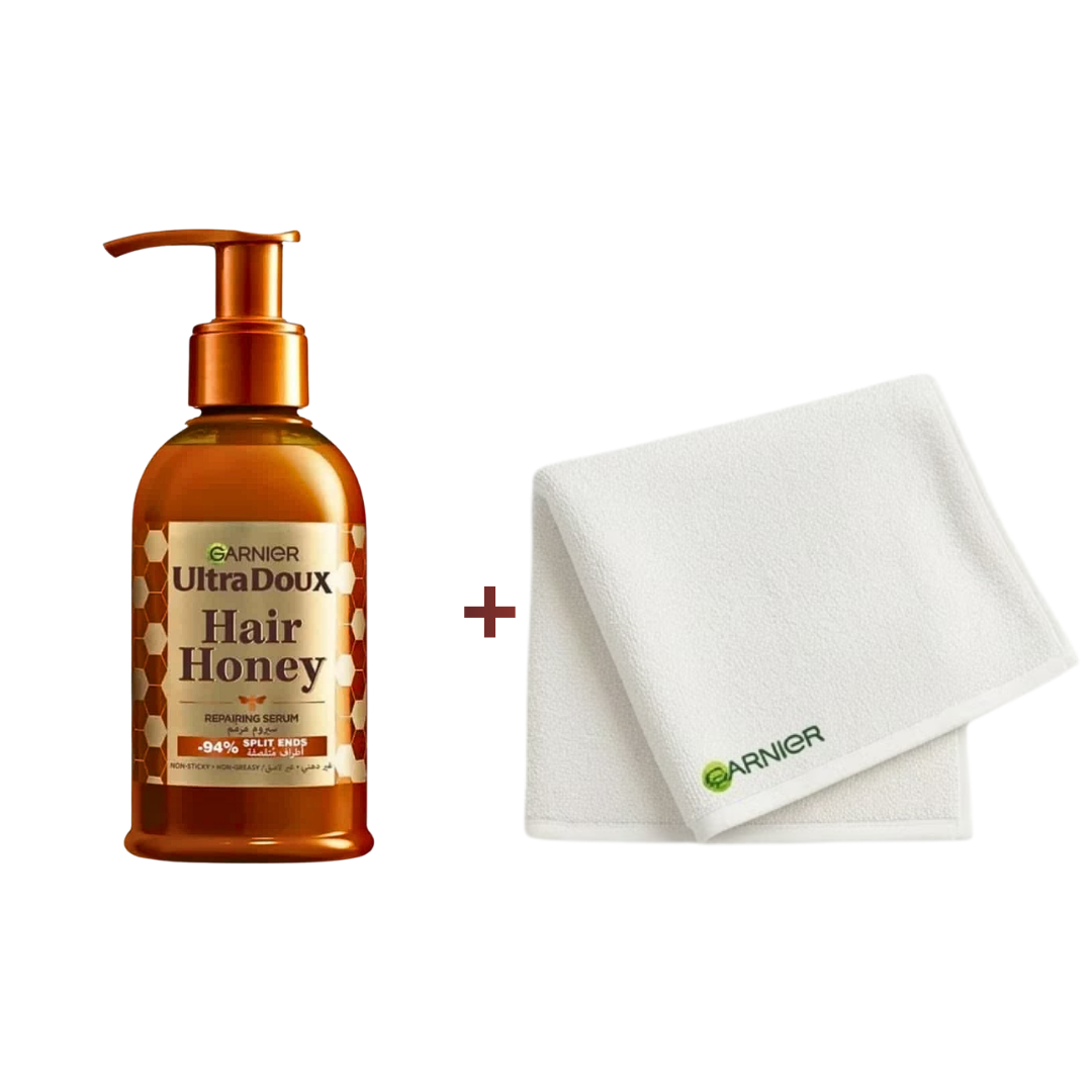 Garnier-Ultra-Doux-Coffret-Serum-Hair-Honey-120mlServiette.png Garnier Ultra Doux Serum Hair Honey 120ml+Serviette Coffret – Image 1
