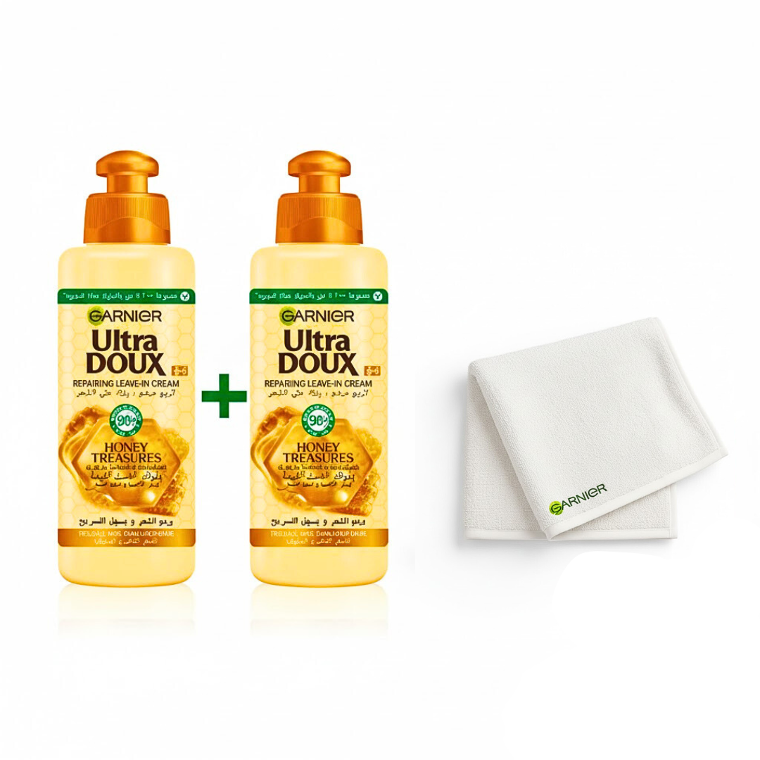 Garnier-Ultra-Doux-Serum-Hair-Honey-2x115ml-Serviette-pack.png Garnier Ultra Doux Serum Hair Honey 2x115ml + Serviette Pack – Image 1