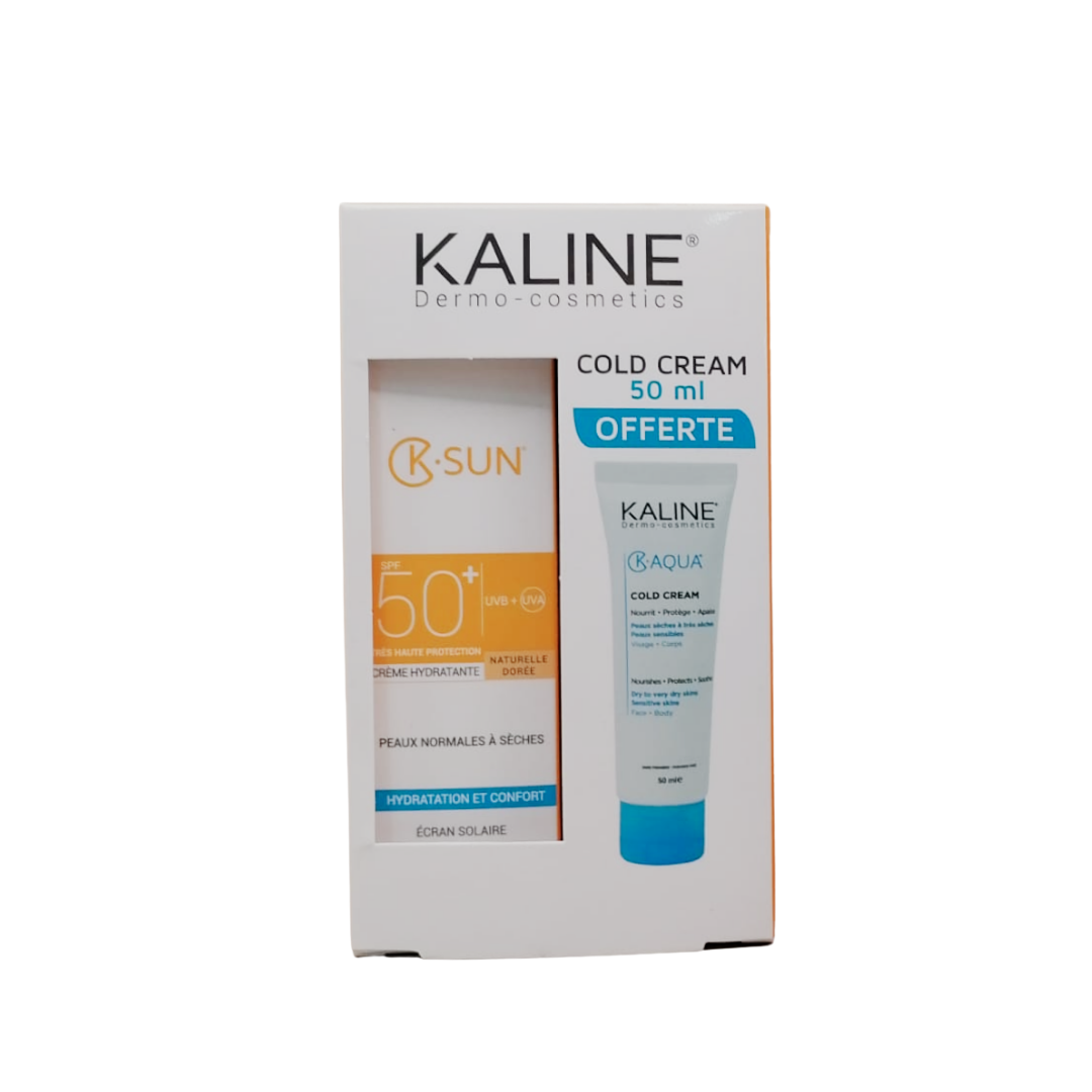 Kaline-K.-Sun-Ecran-Fluide-Teinte-Clair-Peaux-Normales-a-Seches-50mlk.aqua-Cold-Creme-Pack.png Kaline K.sun Ecran Fluide Teinte Dore Peaux Normales a Seches 50ml+K.aqua Cold Creme Pack – Image 1