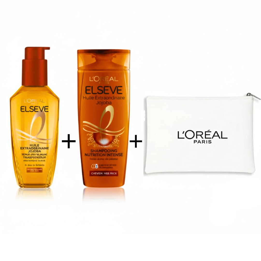 LOreal-Offre-Huile-Ex-Oil-Jojobashampoo-200mlTrousse-Blanche.png L’Oreal Paris Elseve Huile Extraordinaire Jojoba+shampooing 200ml+Trousse Blanche Pack – Image 1