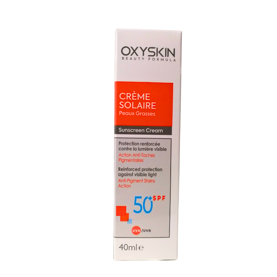 Oxyskin-Ecran-solaire-Peaux-grasses-spf50-40ml-1.png Oxyskin Ecran Solaire Peaux Grasses spf50+ 40ml – Image 1