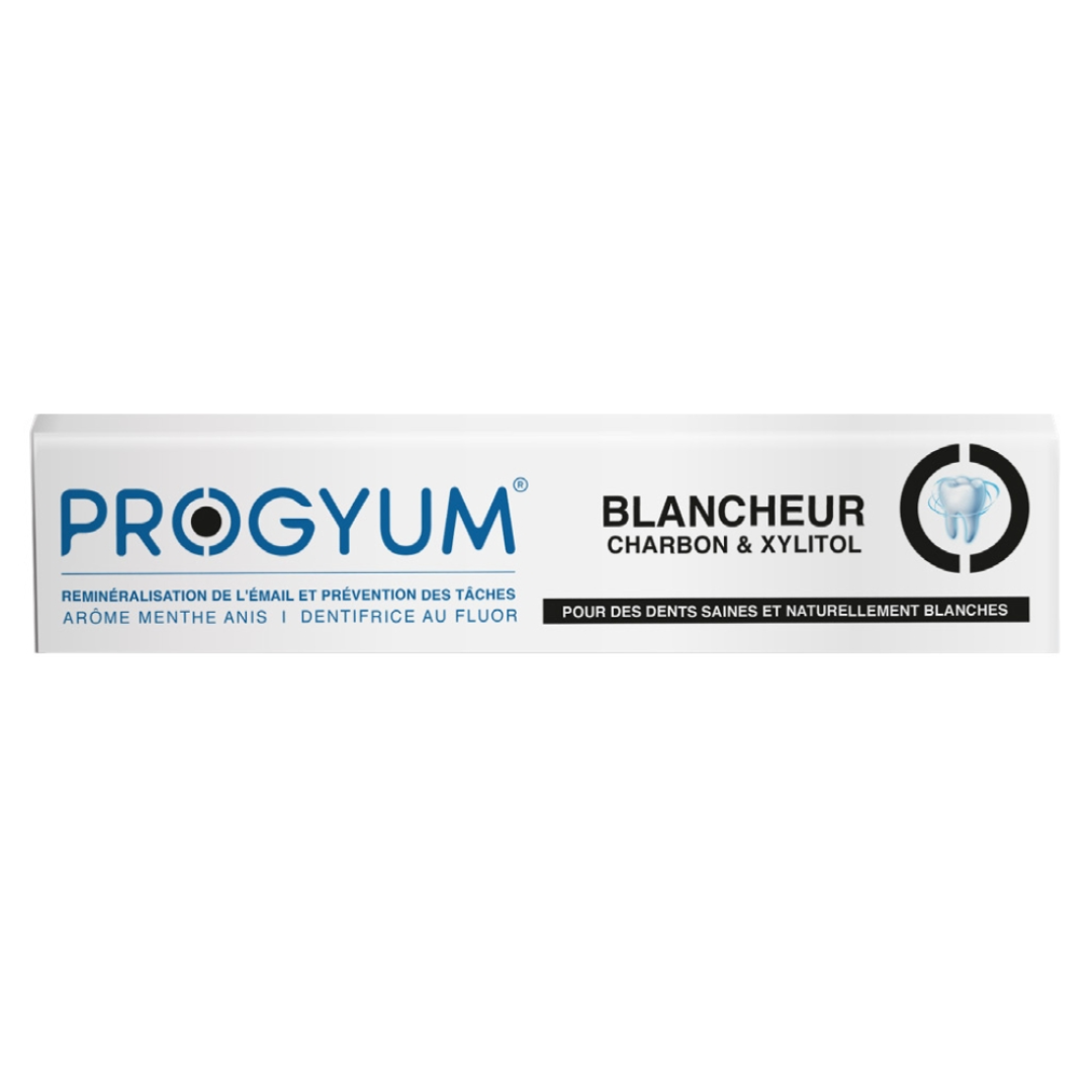 Progyum-dent-blancheur-75ml-1-1.png Progyum Dentifrice Blancheur Charbon & Xylitol – 75ml – Image 1