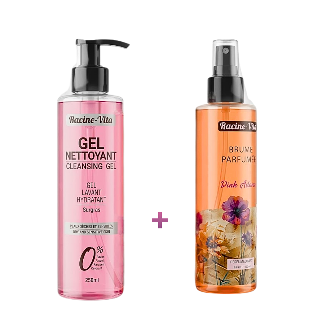 Racine-Vita-Gel-Nettoyant-Peaux-Seches-250mlBrume-Parfumee-200ml.png Racine Vita Gel Nettoyant Peaux Seches 250ml+Brume Parfumee 200ml – Image 1