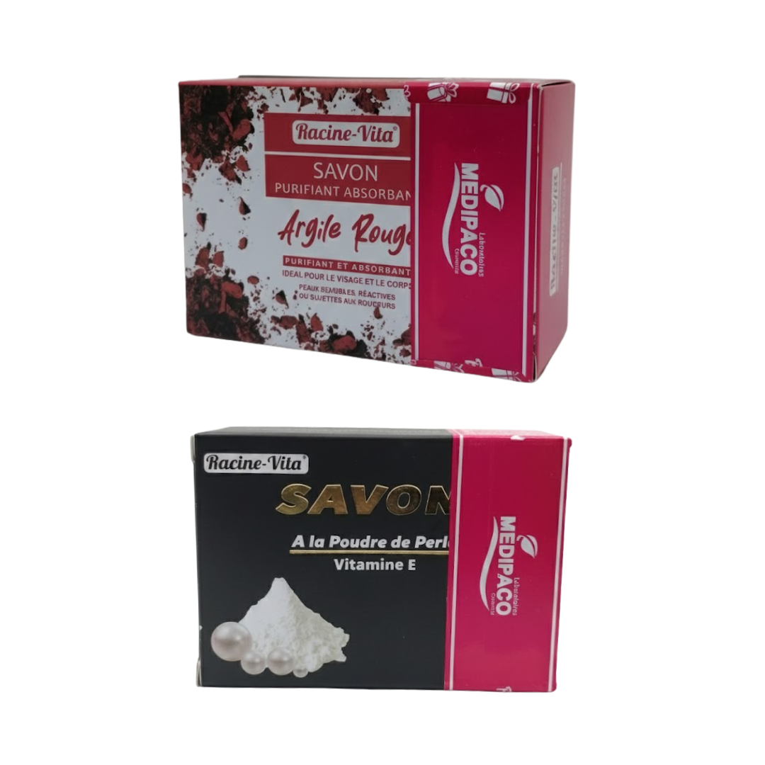 Racine-Vita-Pack-Savon-Poudre-De-Perle-Vit-ESavon-Argile-Rouge-1.png Racine Vita Pack Savon Poudre De Perle Vitamine E + Savon Argile Rouge – Image 1