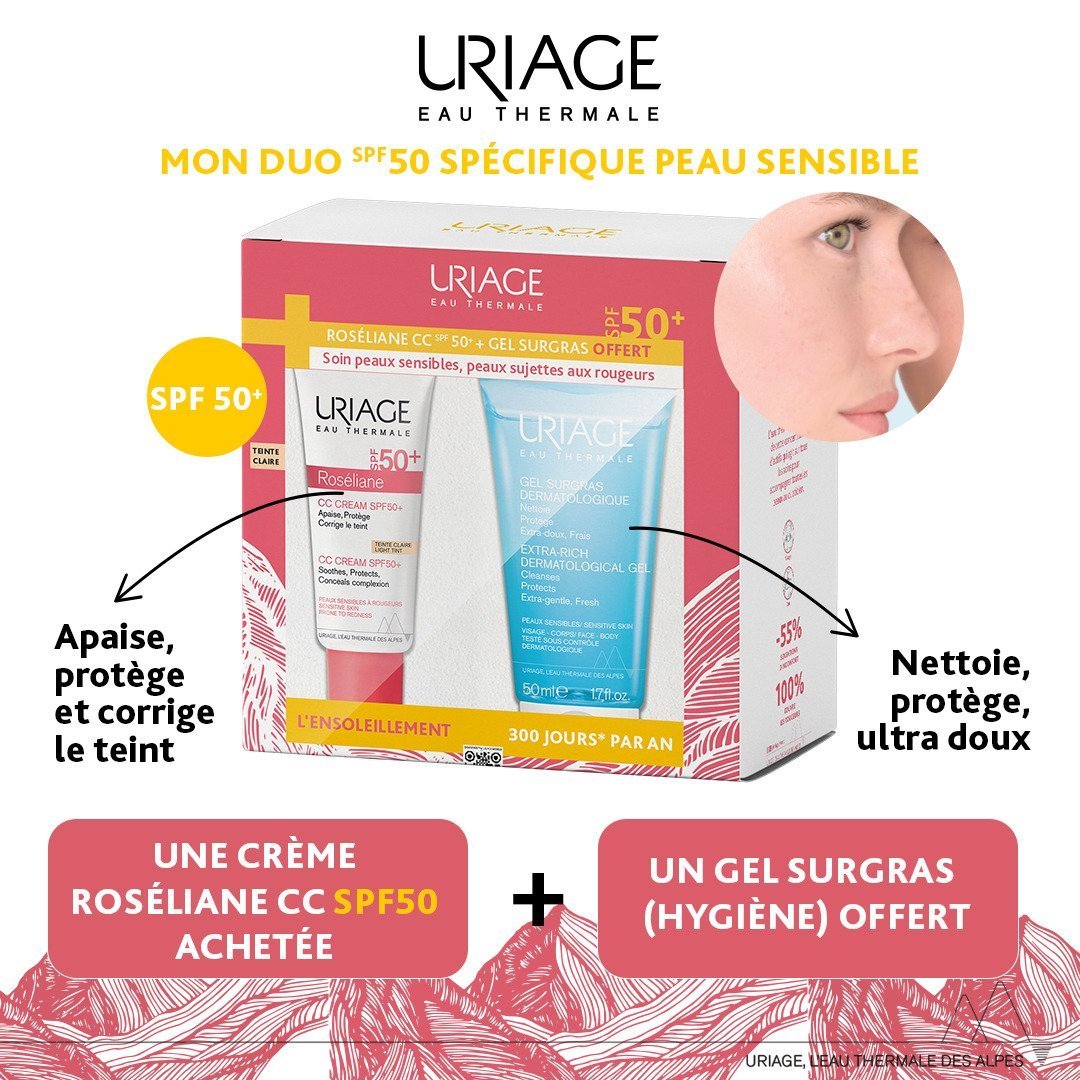 Roseliane-coffret-post.jpg Uriage Roseliane CC Creme Teinte Claire spf50+ 40 ml + Gel Surgras 50ml Offert – Image 1