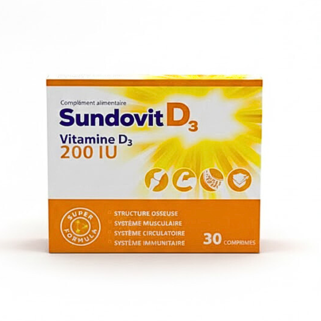Sundovit-Vitamin-D3-200IU-30comprimes.png Sundovit Vitamin D3 200IU 30 Comprimes – Image 1