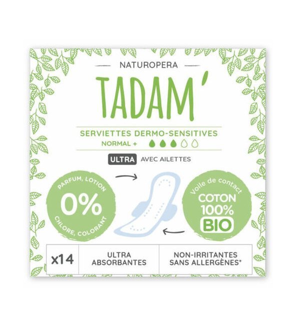 Tadam-Serviette-ultra-coton-bio-normal-14un-1.jpg Tadam Serviette Ultra Coton Bio Normal+ 14un – Image 1