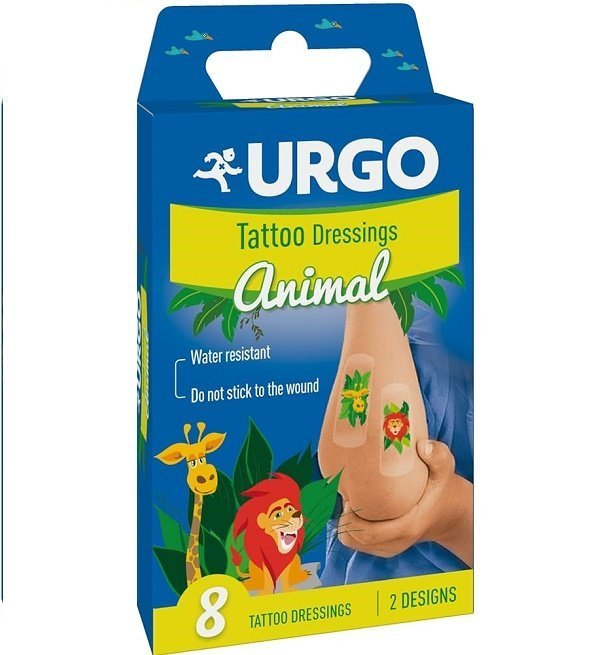 Urgo-tatto-dressings-animal-8pieces.jpg Urgo – Animal Kids – Pansements enfant aux motifs amusants – Boîte de 8 pansements – Image 1