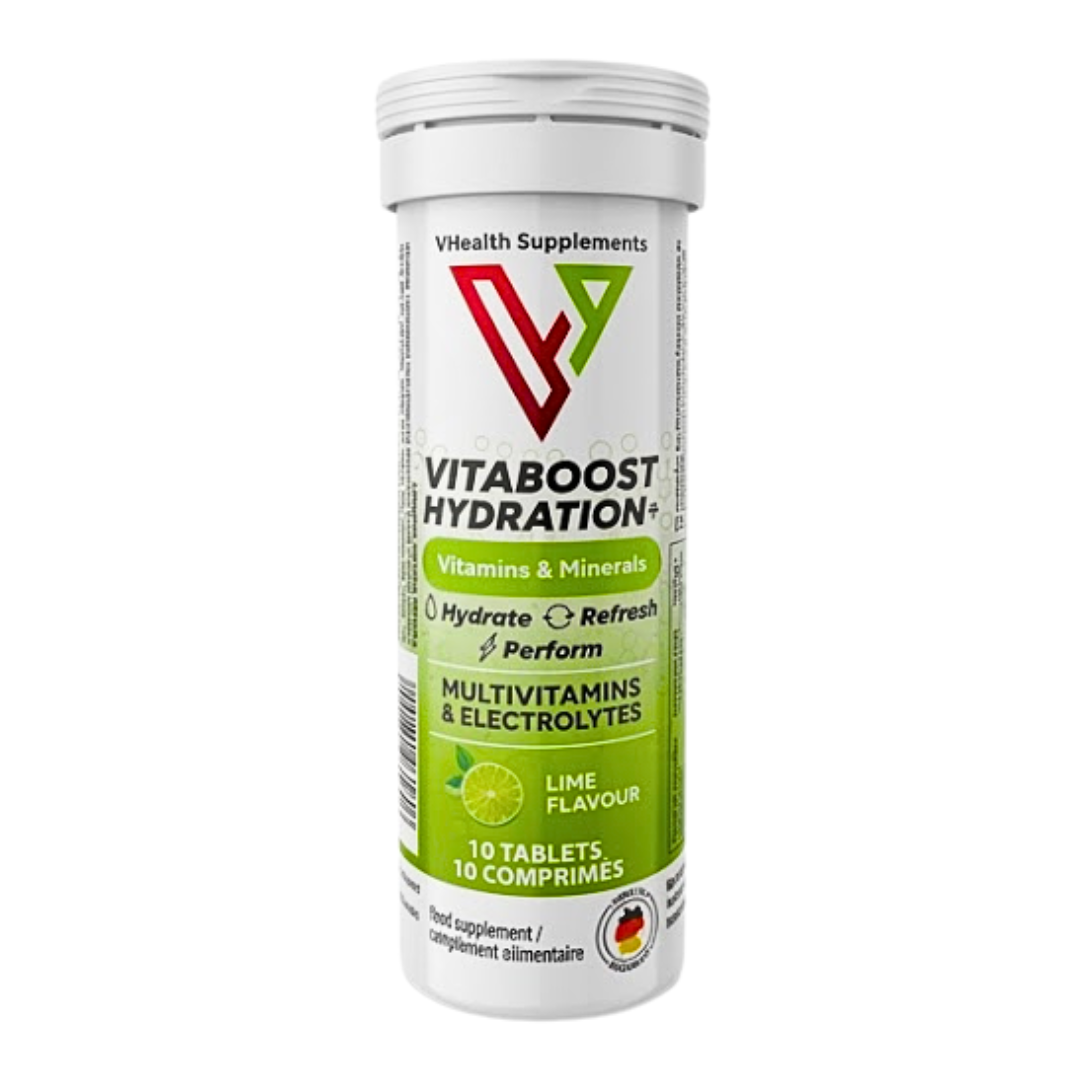 Vhealth-Vitaboost-Hydration-Multivitamins-Lime-10cmp.png Vhealth Vitaboost Hydration+ Multivitamins Électrolytes Citron10 Comprimes – Image 1