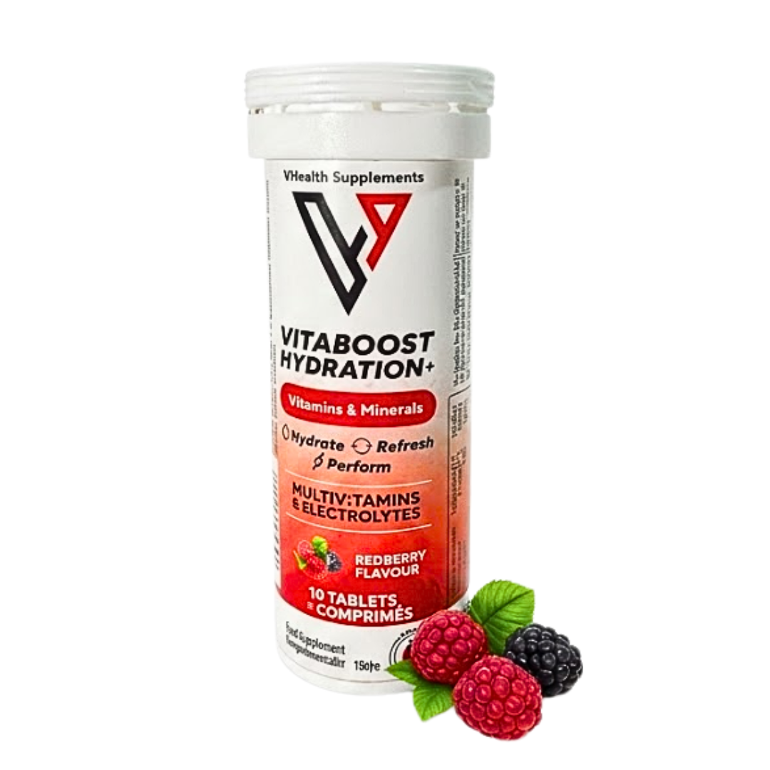 Vhealth-Vitaboost-Hydration-Multivitamins-Redberry-10cmp.png Vhealth Vitaboost Hydration+ Multivitamins Redberry Goût Fruit Rouge 10 Comprimes – Image 1