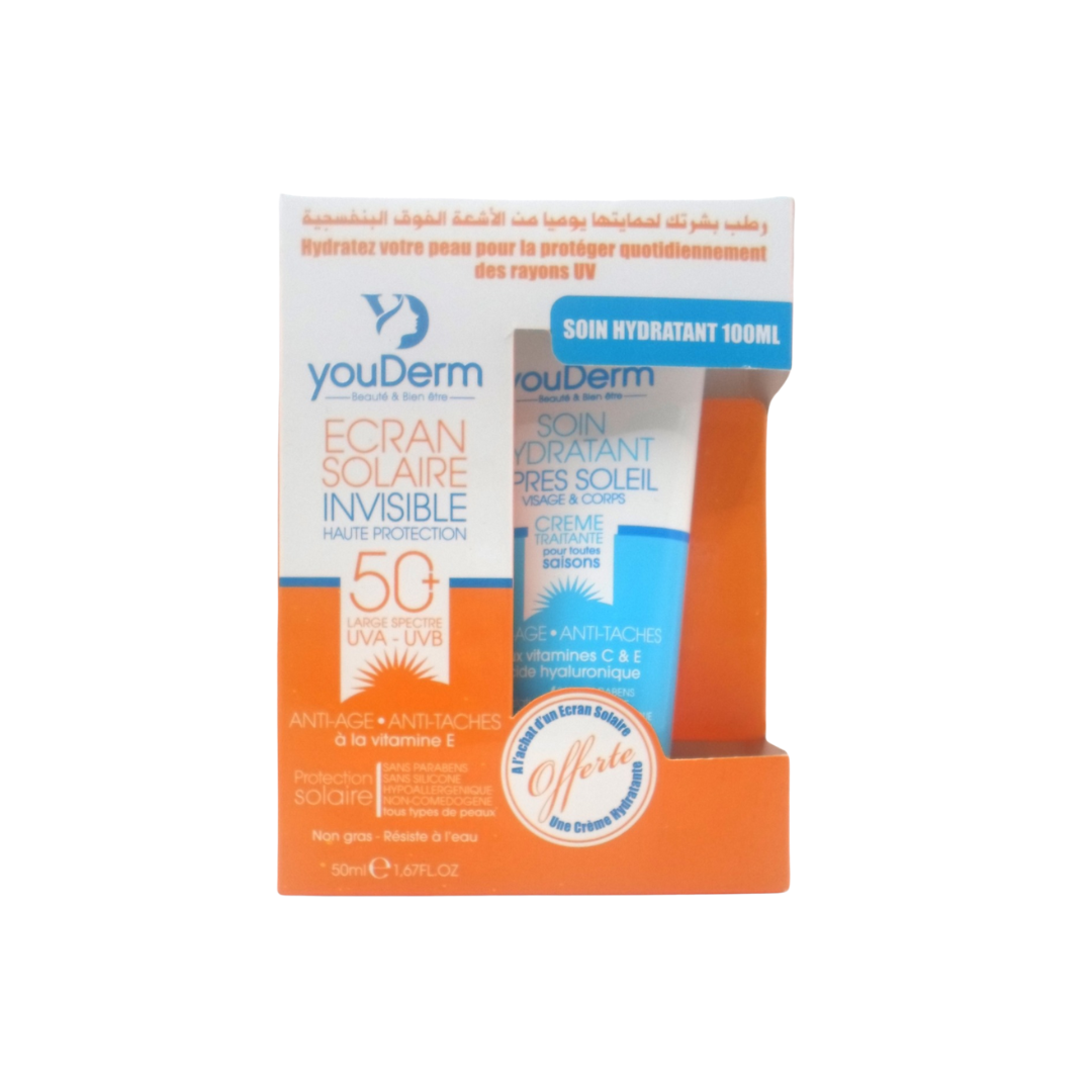 Youderm-Ecran-invisible-spf50-50mlApres-soleil-100ml-hydratant-pack-1.png Youderm Ecran invisible spf50+ 50ml + Apres-Soleil 100ml Hydratant Pack – Image 1