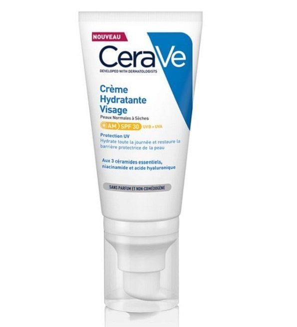cerave-creme-hydratante-visage-spf-30-peaux-normales-a-seches-52-ml.jpg Cerave Crème Hydratante Visage SPF30 52ml Peaux Normales à Sèches – Image 1