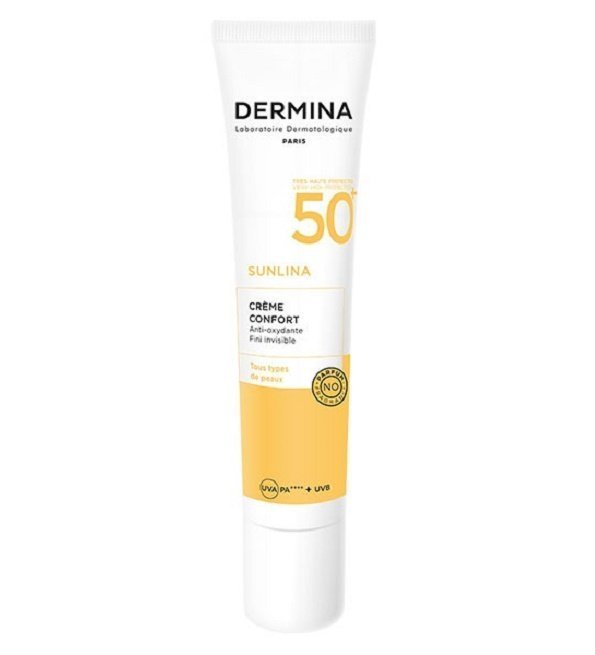 dermina-sunlina-creme-solaire-confort-spf50-40ml-new-1.jpg DERMINA CRÈME CONFORT SPF50+ – 40ML – Image 1
