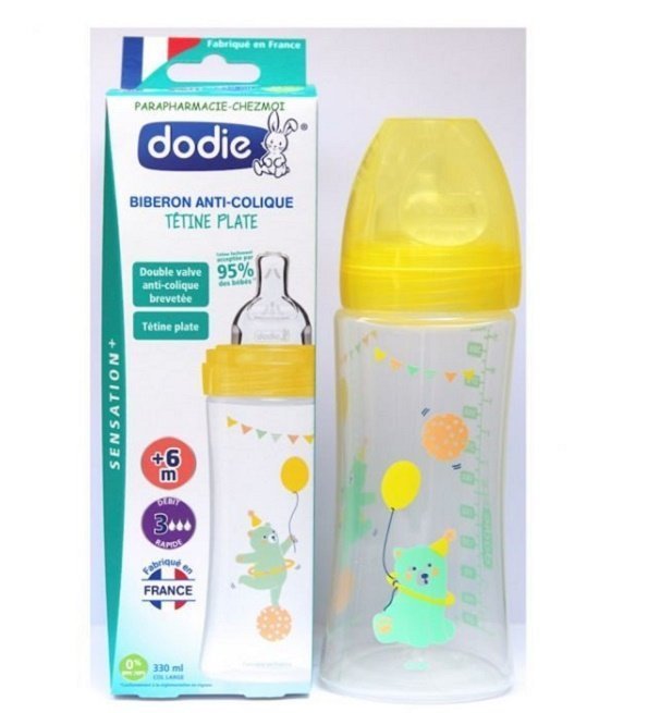 dodie-biberon-anti-colique-tetine-plate-6-mois-330-ml-1.jpg Dodie Biberon senstation+ Tétine plate 330ml + 6m jardin – Image 1