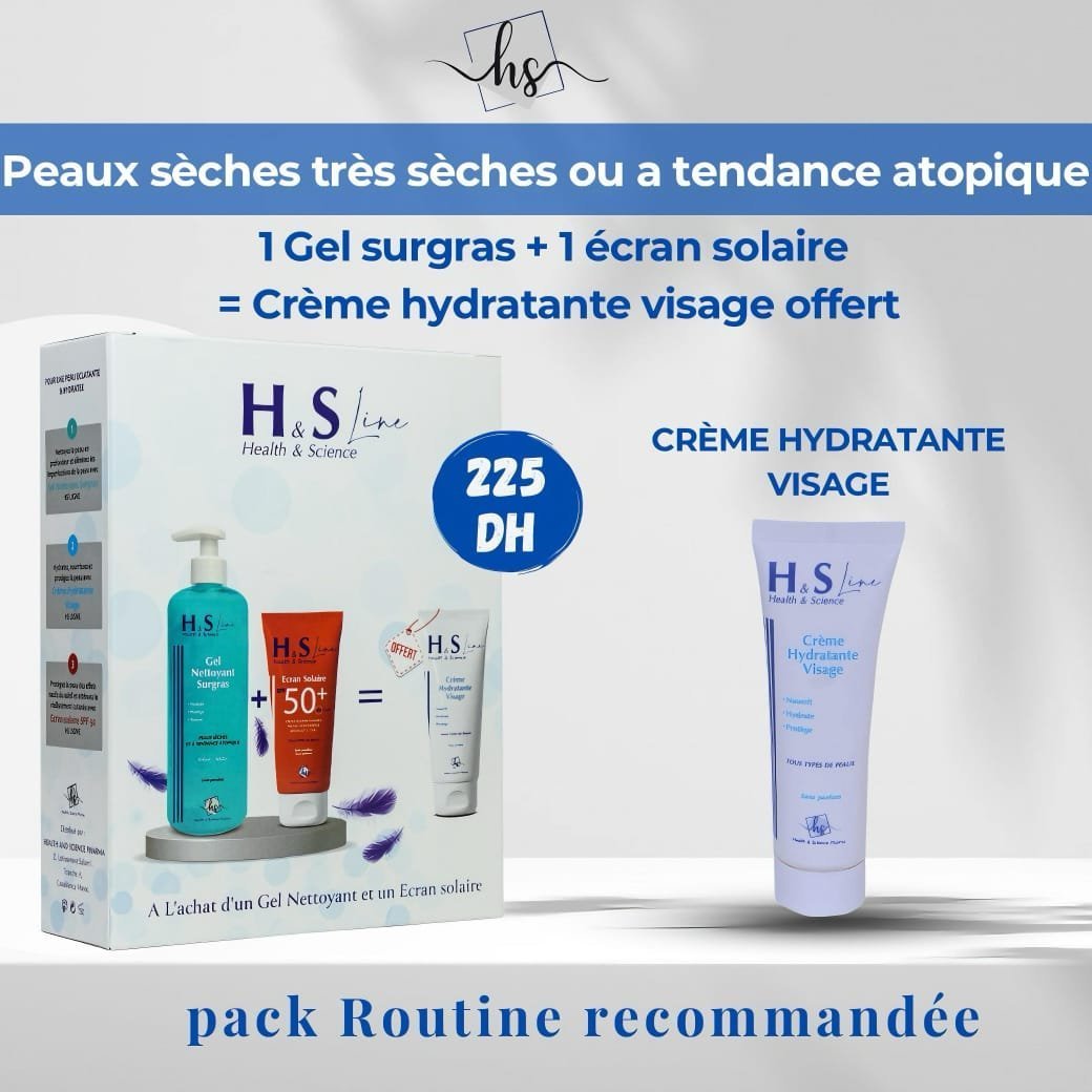 hs-line-pack-peau-seche.jpeg H&S Line Gel Nettoyant 250ml+Ecran Solaire Invisible spf50+50ml + Creme Hydratant 50ml Pack – Image 1