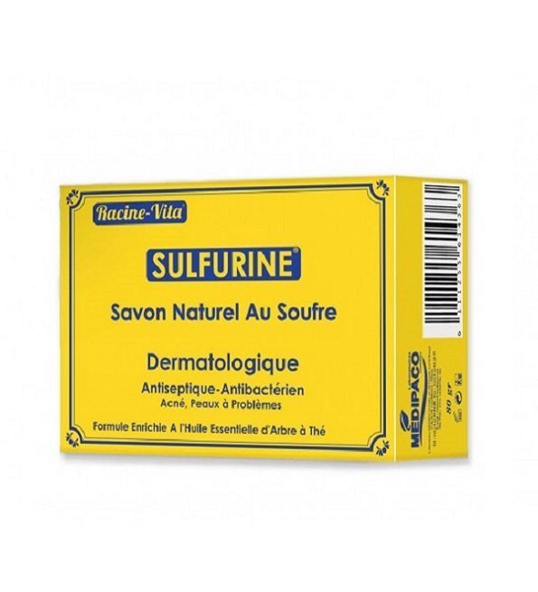 racine-vita-savon-dermatologique-au-soufre-et-arbre-a-the.jpg Racine vita sulfurine savon au soufre 80gr – Image 1